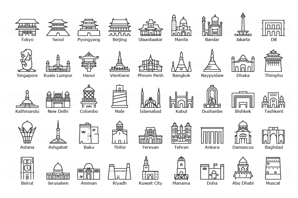 Asian Capitals - Line Icon Set