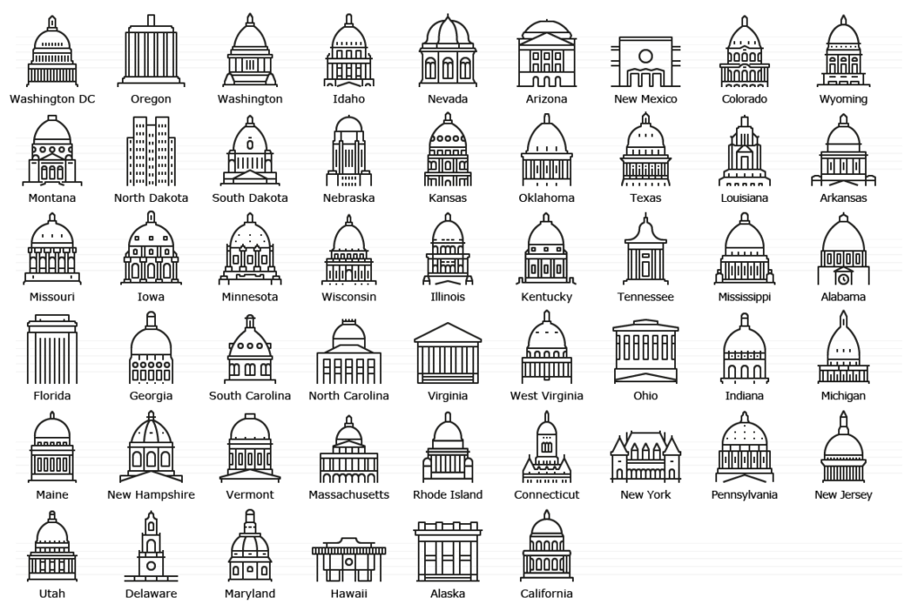 United States Capitols - Line Icon Set