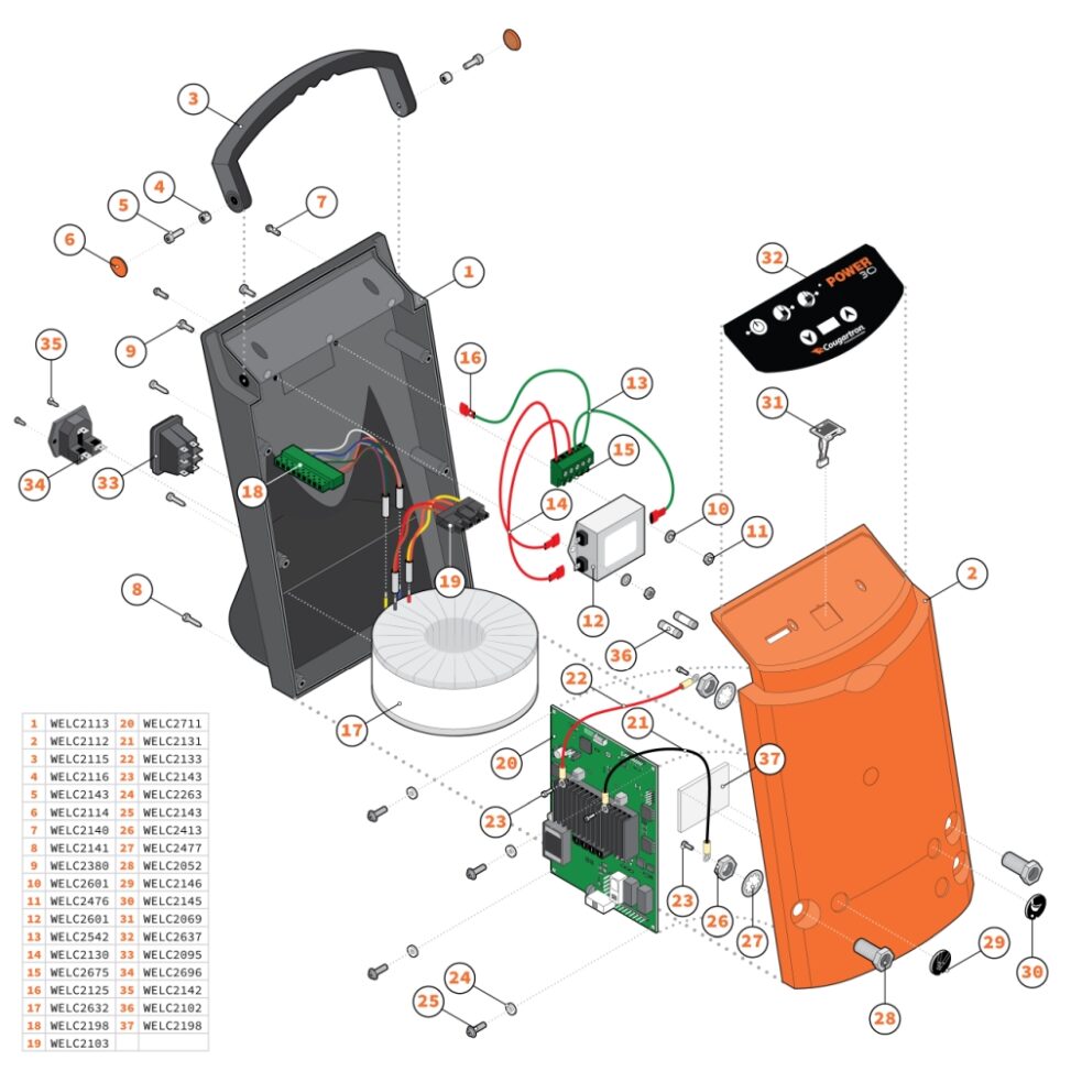 Exploding diagram of Cougartron's weld cleaning machine